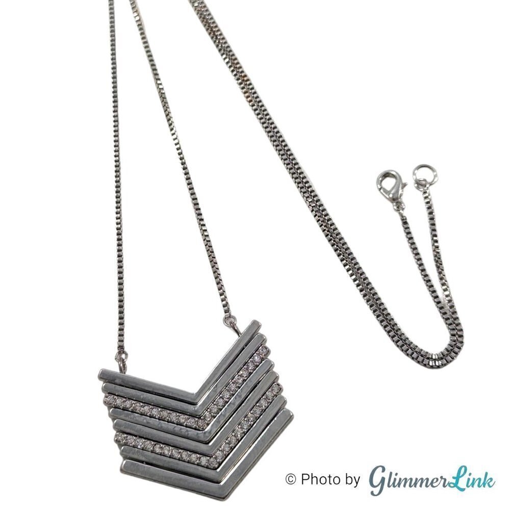 Silver Tone Chevron Rhinestone Box Chain Necklace